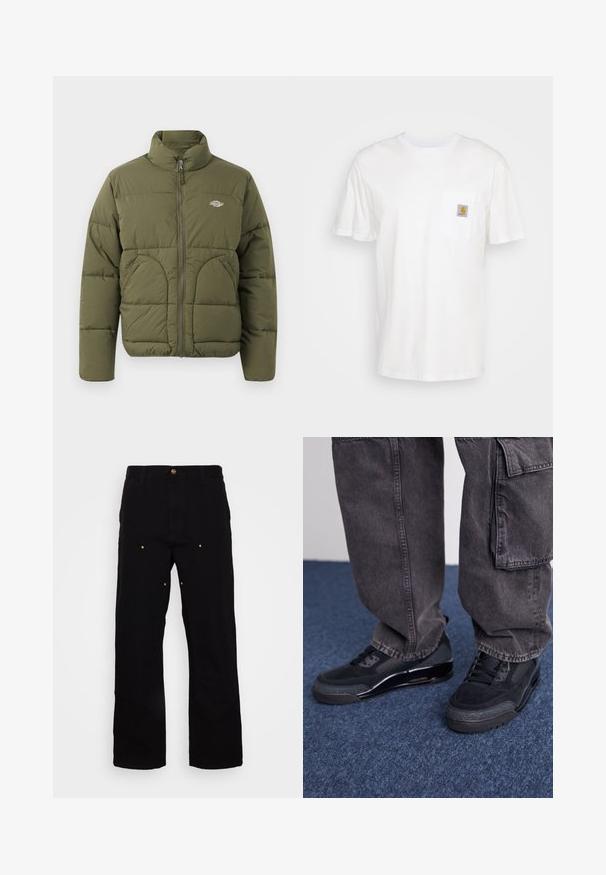 Olivgrüne Daunenjacke mit hohem Kragen, durchgehendem Reißverschluss, horizontalen Nähten und zwei Seitentaschen. Verfügt über ein kleines Logo auf der Brust.; Weißes Baumwoll-T-Shirt mit kurzen Ärmeln, einer Brusttasche und einem kleinen quadratischen Logopatch in Orange und Weiß auf der Tasche.; Schwarze Denim-Hosen mit geradem Bein, ausgestattet mit goldenen Hardware-Akzenten und sichtbaren Nähten an den Vorder- und Gesäßtaschen.; Schwarze Sportschuhe mit einer strukturierten Oberfläche, glatten Akzenten und einer chunky Sohle, kombiniert mit dunklen, lässig sitzenden Cargo-Hosen.