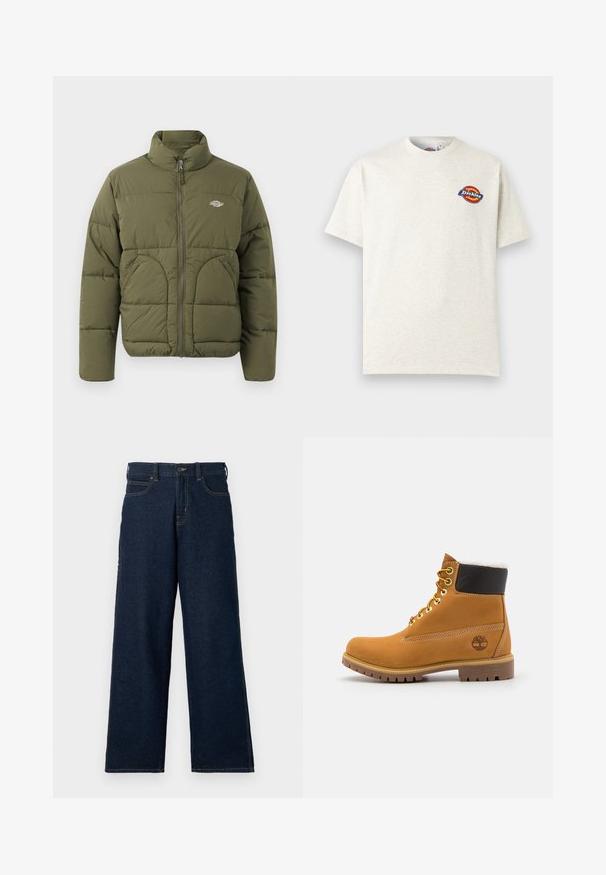 Chaqueta tipo plumón verde oliva con cuello alto, cremallera completa, costuras horizontales y dos bolsillos laterales. Presenta un pequeño logotipo en el pecho.; Camiseta de manga corta color blanco hueso con un pequeño logo redondo de Dickies en rojo, amarillo y azul en el pecho izquierdo.; Vaqueros anchos de pierna azul oscuro hechos de mezclilla, con talle alto, presillas para cinturón, bolsillos frontales y detalles de costuras en contraste.; Botín de cuero marrón con ojales de metal, forro de piel sintética blanca, cuello acolchado negro, suela resistente y logotipo en relieve en el costado.