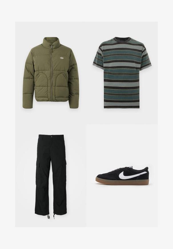Chaqueta tipo plumón verde oliva con cuello alto, cremallera completa, costuras horizontales y dos bolsillos laterales. Presenta un pequeño logotipo en el pecho.; Camiseta de manga corta con rayas en verde oscuro, negro y blanco con detalles en naranja. Presenta un cuello redondo y un ajuste relajado.; Pantalones cargo negros hechos de tela durable, con dos bolsillos laterales, cierre de botón y dobladillos ajustables para un ajuste suelto y relajado.; Zapatillas de skate de ante negro con el logotipo de Nike en blanco, puntera redonda y suela de goma. Presentan un diseño con cordones planos y un collar acolchado.