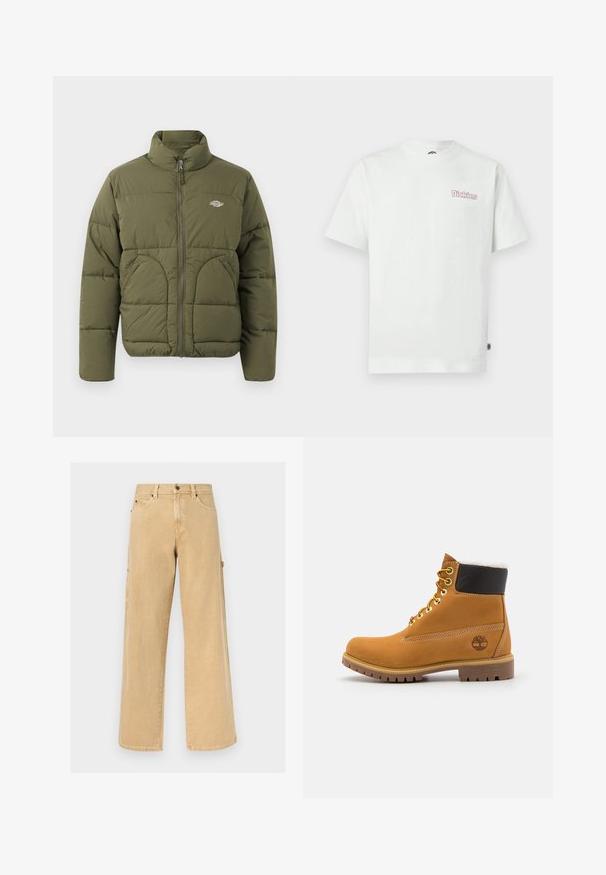 Chaqueta tipo plumón verde oliva con cuello alto, cremallera completa, costuras horizontales y dos bolsillos laterales. Presenta un pequeño logotipo en el pecho.; Camiseta blanca de algodón con mangas cortas, cuello redondo y un logotipo rosa "Dickies" en el área izquierda del pecho. Textura suave.; Pantalones de trabajo beige de pierna recta con trabillas para cinturón, bolsillos delanteros y laterales, y un lazo para martillo sobre un fondo liso.; Botín de cuero marrón con ojales de metal, forro de piel sintética blanca, cuello acolchado negro, suela resistente y logotipo en relieve en el costado.