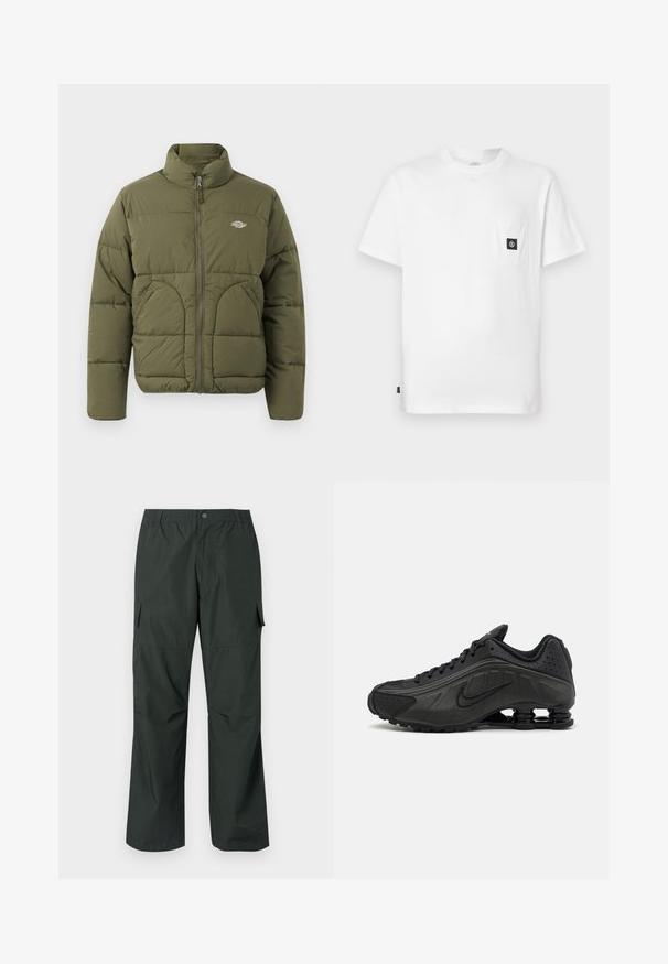 Chaqueta tipo plumón verde oliva con cuello alto, cremallera completa, costuras horizontales y dos bolsillos laterales. Presenta un pequeño logotipo en el pecho.; Camiseta blanca de algodón con cuello redondo, mangas cortas y un bolsillo en el pecho con un parche de logo negro. Textura suave, ajuste relajado.; Pantalones cargo verde oscuro con un corte relajado, cintura elástica, bolsillos cosidos y una textura de tela suave y ligera.; Zapatillas de running negras con un upper sintético liso, detalles perforados, paneles laterales texturizados y una suela distintiva y elástica.