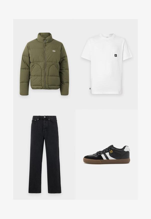 Chaqueta tipo plumón verde oliva con cuello alto, cremallera completa, costuras horizontales y dos bolsillos laterales. Presenta un pequeño logotipo en el pecho.; Camiseta blanca de algodón con cuello redondo, mangas cortas y un bolsillo en el pecho con un parche de logo negro. Textura suave, ajuste relajado.; Vaqueros rectos de denim negro con cintura alta, cinco bolsillos y cierre de botón de metal. La tela tiene una textura suave y un ligero brillo.; Zapatillas en blanco y negro con parte superior de ante y cuero, que presentan franjas blancas, cordones negros y una suela de goma marrón. Acentos de logo dorados.
