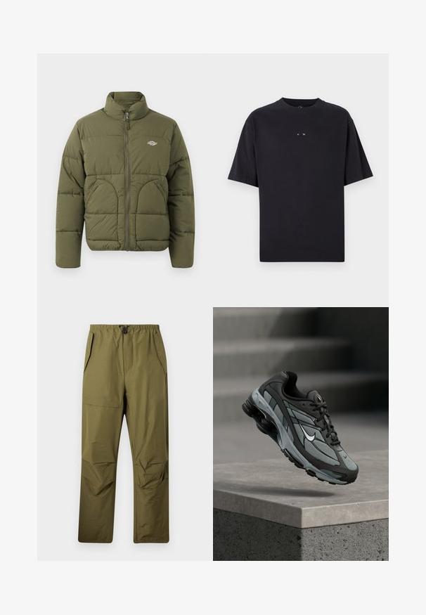 Olivenfarvet pufferjakke med høj krave, fuld lynlås, vandret syninger og to sidelommer. Har et lille logo på brystet.; Oakley RISE TEE - T-shirts basic - blackout; Oliven grønne lige ben bukser med elastisk talje og snor, der har sidelommer og en flaplomme på højre lår.; Grå og sort atletiksko med meshpaneler og tyk sål, placeret i luften over en betonliste med trapper i baggrunden.