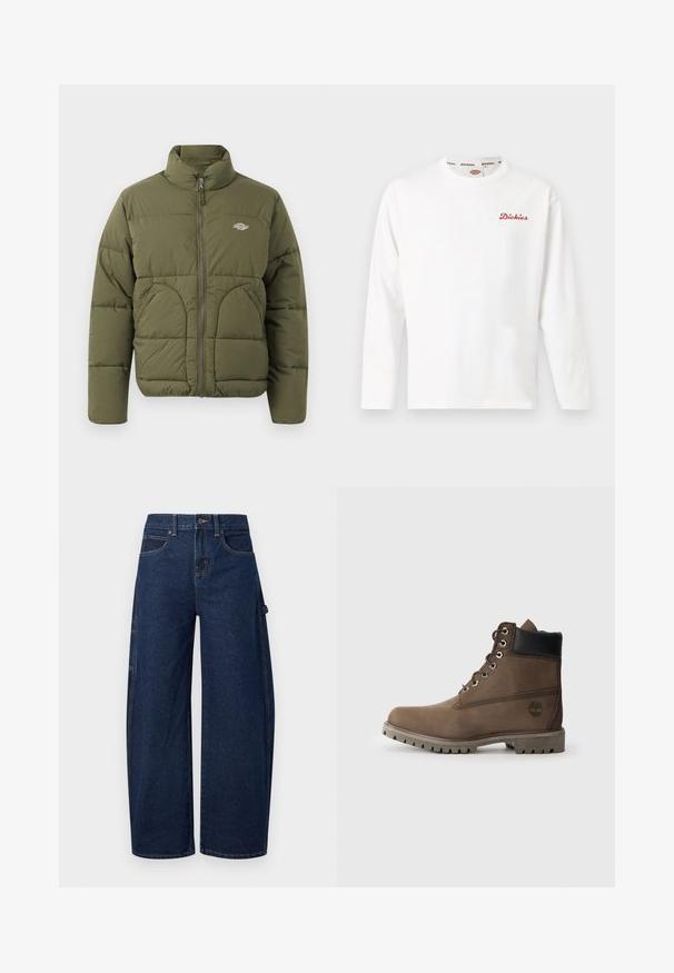Olivenfarvet pufferjakke med høj krave, fuld lynlås, vandret syninger og to sidelommer. Har et lille logo på brystet.; Hvid langærmet crewneck-trøje med lille rødt "Dickies"-logo på venstre bryst og mærket kantebånd på kraven.; Mørkeblå denim bukser med vide ben og høj talje, forlommer samt sidelomme med cargo-stil. Har kontrastsyninger og lukning med knap.; Brune læder ankelstøvle med sort krave, metaløjer og slidstærk grå sål. Har logo på siden og syet detaljer.