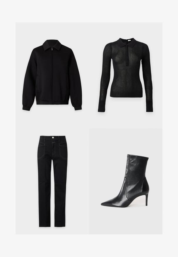 Veste noire zippée avec manches longues, col, poches latérales et poignets et ourlet côtelés, présentée sur un fond clair uni.; Haut en tricot noir à manches longues, ajusté, avec une texture transparente et un col uni, patte de boutonnage à l'avant, présenté sur un fond uni.; Jean noir taille haute à jambe droite avec poches avant, passants de ceinture, fermeture par bouton et coutures blanches visibles sur un fond uni.; Bottes noires à la cheville en cuir lisse, dotées d'un bout pointu, d'un tige ajustée et d'un talon haut fin. Design minimaliste sans quincaillerie visible.