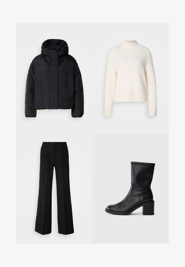Veste matelassée noire avec un col haut et une capuche, dotée de deux poches avant et de poignets élastiques. Matériau lisse et léger avec une finition mate.; Pull crème à col montant, à manches longues et au fini texturé et doux. Présente une longueur légèrement raccourcie.; Pantalons noirs en tissu lisse, avec une taille haute, une coupe évasée et deux plis sur le devant pour un détail de conception supplémentaire.; Botte en cuir noir à cheville avec un bout rond, texture lisse et un talon épais, présentant un tige ajustée et un subtil détail de couture.
