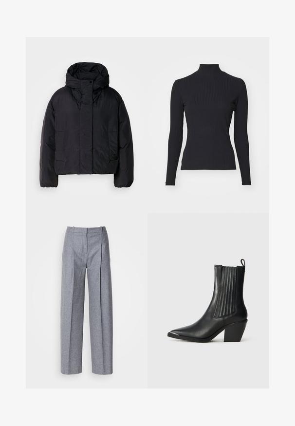 Veste matelassée noire avec un col haut et une capuche, dotée de deux poches avant et de poignets élastiques. Matériau lisse et léger avec une finition mate.; Haut noir à col roulé côtelé avec des manches longues. Fabriqué en tissu extensible avec une coupe ajustée et un col montant. Design simple sans embellissements.; Pantalons larges gris clair en tissu texturé, avec des plis à l'avant et une taille cintrée. Design minimaliste, sans matériel visible.; Botte noire en cuir jusqu'à la cheville avec un bout pointu, des panneaux latéraux côtelés, et un talon épais, sur un fond en carreaux texturés.