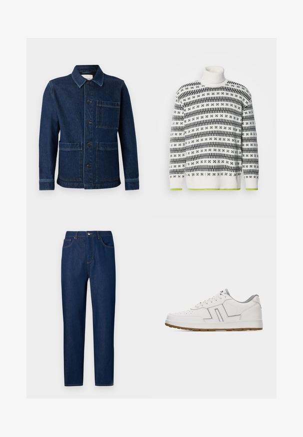 CLOSED ATELIER JACKET - Teksajakk - mid blue; Valge kootud kõrge kaelusega särk mustade geomeetriliste mustritega ja rohelise äärisega. Tekstuuriga kangas, vabalt langev lõige ja soonikkoes varrukased.; Les Benjamins Sirgete säärtega teksad - rinse wash; Valge madala säärega toss, halli voodriga, perforeeritud varbakohaga, õmmeldud paneelide detailidega, valged paelad ja kummist pruun tallaga, ühevärvilise tausta ees.