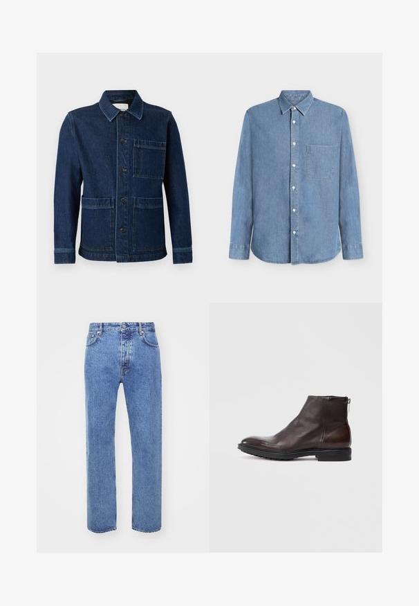 CLOSED ATELIER JACKET - Denimová bunda - mid blue; Svetlomodrá džínsová košeľa s dlhými rukávmi, zapínaním na gombíky, špicatým golierom a jedným náprsným vreckom na jednoduchom pozadí.; Won Hundred STEVE - Džínsy voľného strihu - cut blue; Tmavohnedé kožené členkové topánky s bočným zipsom, čierna podrážka s dezénom a nízkym podpätkom, zobrazené v profile na bielom pozadí.