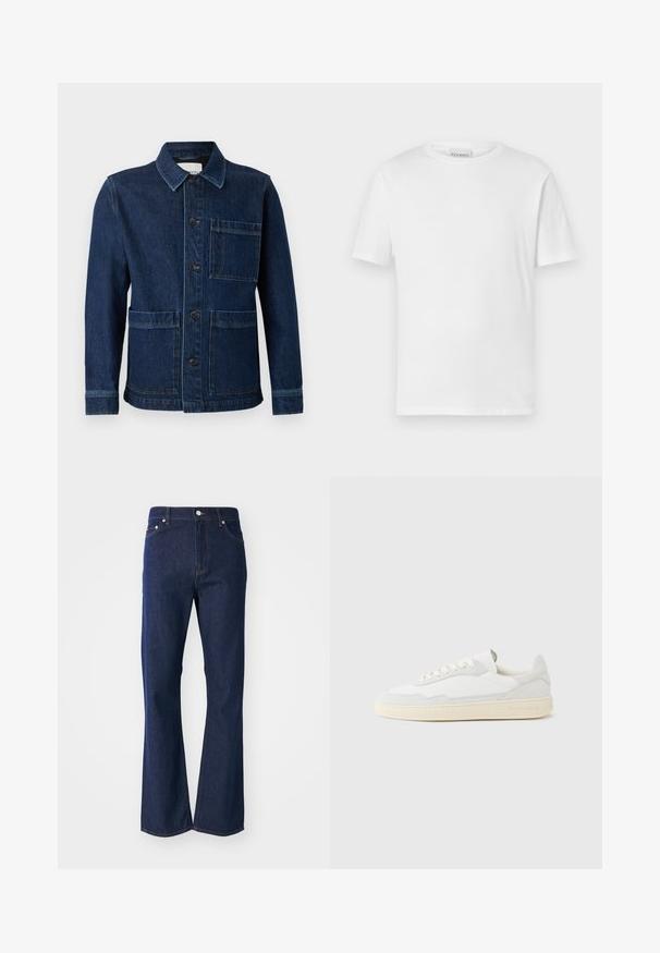 CLOSED ATELIER JACKET - Denimová bunda - mid blue; Biela krátka tričko s krátkym rukávom vyrobené z bavlny. Má okrúhly výstrih a rovný spodný lem. Bez vzorov alebo ozdôb. Jednoduchý dizajn.; Zúžené tmavomodré džíny vyrobené z denimu. Má päť vreciek, predný zips a kovový gombík na zapínanie. Klasické švy ako doplnok.; Biela teniska s jemne štruktúrovaným zvrškom zo semišu a kože. Má zaoblenú špičku, viazanie na šnúrky a kontrastnú béžovú gumovú podrážku.