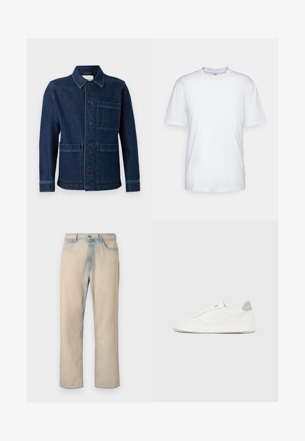 CLOSED ATELIER JACKET - Jeansjacke - mid blue; Weißes Baumwoll-T-Shirt mit Rundhalsausschnitt, kurzen Ärmeln und geradem Saum. Auf der linken Seitennaht befindet sich ein kleines Markenzeichen.; Helle beige Jeans aus Denim mit geradem Bein, verblassten blauen Akzenten, fünf Taschen und einem Knopfverschluss an der Taille.; Weißer Sneaker mit niedrigem Schaft, grauem Fersenlaschen, weißen Schnürsenkeln und einer strukturierten Sohle, dargestellt vor einem schlichten hellen Hintergrund.