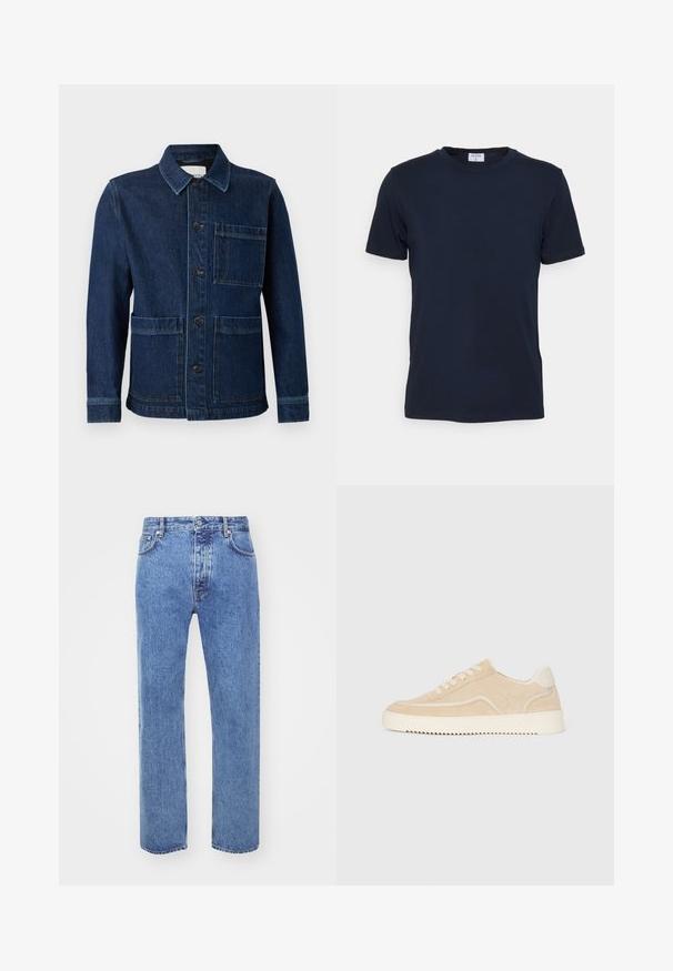 CLOSED ATELIER JACKET - Teksajakk - mid blue; Tumesinine lühikeste varrukatega ümar kaelusega T-särk, mis on valmistatud pehmest kangast. Klassikaline lõige, kaeluses silt. Sujuv tekstuur, minimaalne disain.; Won Hundred STEVE - Avar lõikega teksad - cut blue; Beige sametist tennisjalats valge tallaga ja nööridega, madala juhtimisega disain ja laineline mustripind tallal.
