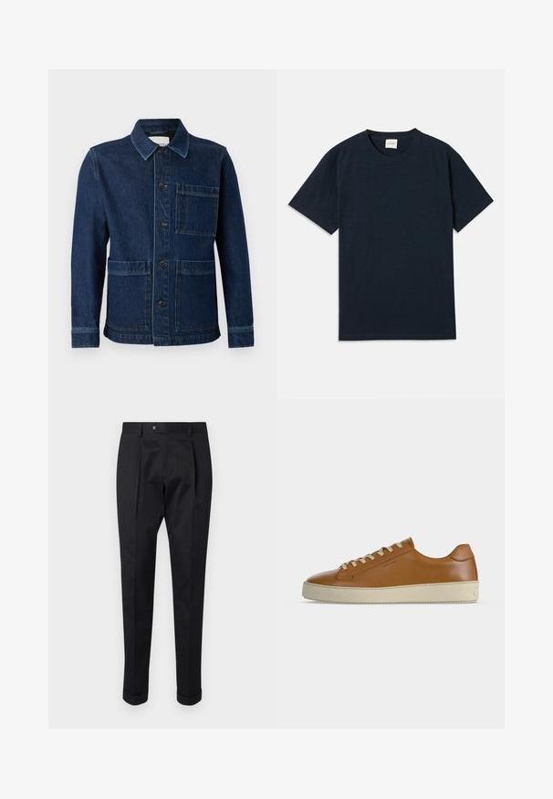 CLOSED ATELIER JACKET - Jeansjacke - mid blue; Ein einfarbiges, dunkelblaues Kurzarm-T-Shirt mit Rundhalsausschnitt und kleinem eingeprägtem Logo nahe dem unteren Saum.; Schwarze Hosen aus einem glatten Stoff, mit einem Faltenwurf vorne, einem Knopfverschluss und umgeschlagenen Säumen am Knöchel.; Brauner Low-Top-Ledersneaker mit cremefarbenen Schnürsenkeln und dicker cremefarbener Gummisohle, seitlich auf weißem Hintergrund dargestellt.