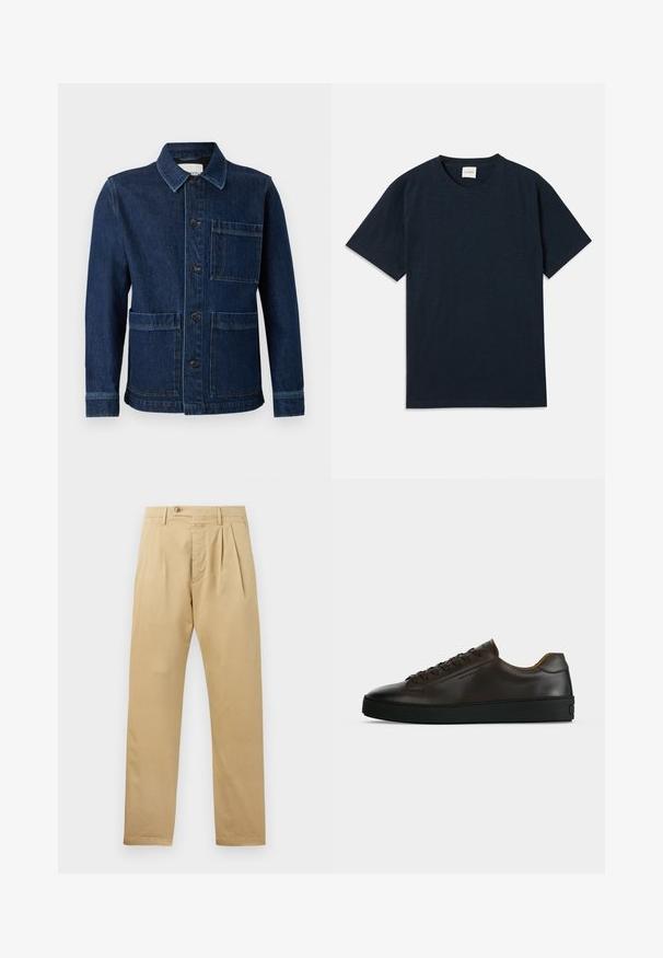CLOSED ATELIER JACKET - Jeansjacke - mid blue; Ein einfarbiges, dunkelblaues Kurzarm-T-Shirt mit Rundhalsausschnitt und kleinem eingeprägtem Logo nahe dem unteren Saum.; CLOSED BERGEN TAPERED - Chino - beige; Flach geschnittener dunkelbrauner Ledersneaker mit schwarzer Gummisohle, Schnürung vorne und schlicht-minimalistischem Design auf hellem Hintergrund.