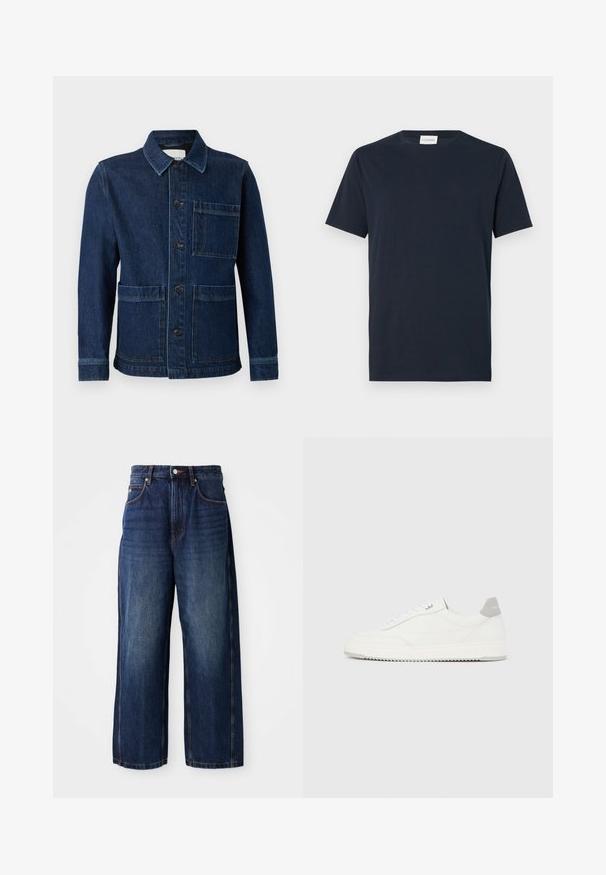 CLOSED ATELIER JACKET - Teksajakk - mid blue; Tumesinise lühikese varrukaga T-särk, mis on valmistatud pehmest puuvillast. Omab ümmargust kaelust ja lihtsat, puhast disaini ilma mustrite või aktsentideta.; Tumedast sinisest denimist laiad jalad teksad. Omavad klassikalist vöökohta koos vöörihmadega, eespool taskut ja sirget siluetti.; Valge madala lõikega tennisking halli kandklambri, valgete paelte ja tekstuuriga tallaga, esitletud ühtlasel heledal taustal.