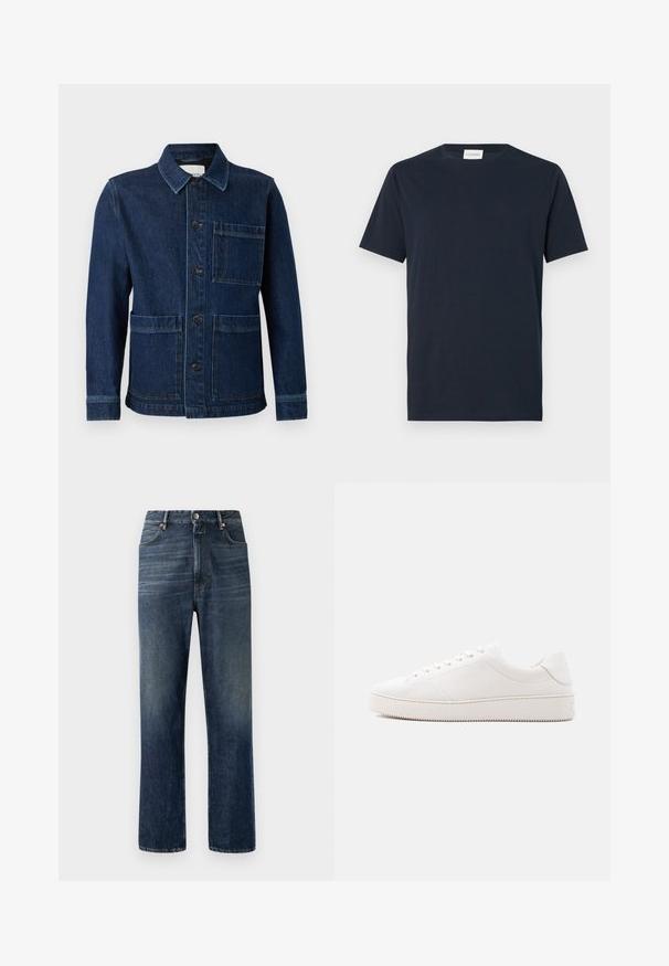 CLOSED ATELIER JACKET - Jeansjacke - mid blue; Navyblaue T-Shirt mit kurzen Ärmeln aus weicher Baumwolle. Verfügt über einen Rundhalsausschnitt und ein einfaches, klares Design ohne Muster oder Akzente.; Dunkelblaue Denim-Jeans mit geradem Bein, sichtbaren Nähten, Five-Pocket-Design und silberner Knopfverschluss an der Taille.; Weißer Ledersneaker mit glattem Finish, rundem Zehenbereich, sechs Augen für die Schnürung und einer strukturierten Gummisohle. Minimalistisches Design ohne Muster.