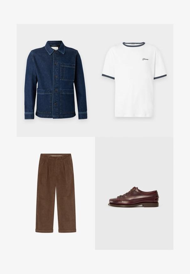 CLOSED ATELIER JACKET - Teksajakk - mid blue; Valge lühikeste varrukatega puuvillane t-särk, millel on tumesinise ribaga krae ja varrukate servad ning väike must tikitud logo rinnal.; Pruunid sametpüksid laiade sääreosadega, mansettidega, esipleenidega, vööaasadega ja küljetaskutega.; Burgundia nahast jalanõud ümarate varvastega, dekoratiivsete õmblustega, lipsude sulgemisega ning madala, tekstuuriga pruuniga tald.