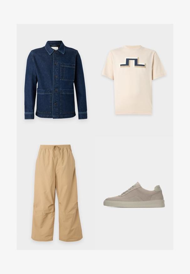 CLOSED ATELIER JACKET - Teksajakk - mid blue; Beež lühikeste varrukatega T-särk, millel on geomeetriline horisontaalsete triipudega muster tumesinisel, valgel ja pruunil, asetatud rinna keskele.; Bežid avarad püksid, mis on valmistatud kergest kangast, elastse vöökoha ja nööriga ning õmblustega hemmi lähedal.; Beežid seemisnahast tennised tekstuurse pinnaga, ümarate varvaste ja toonitooniliste paeltega. Varustatud paksu kummist tallaga ja diskreetse kaubamärgiga kannaosas.