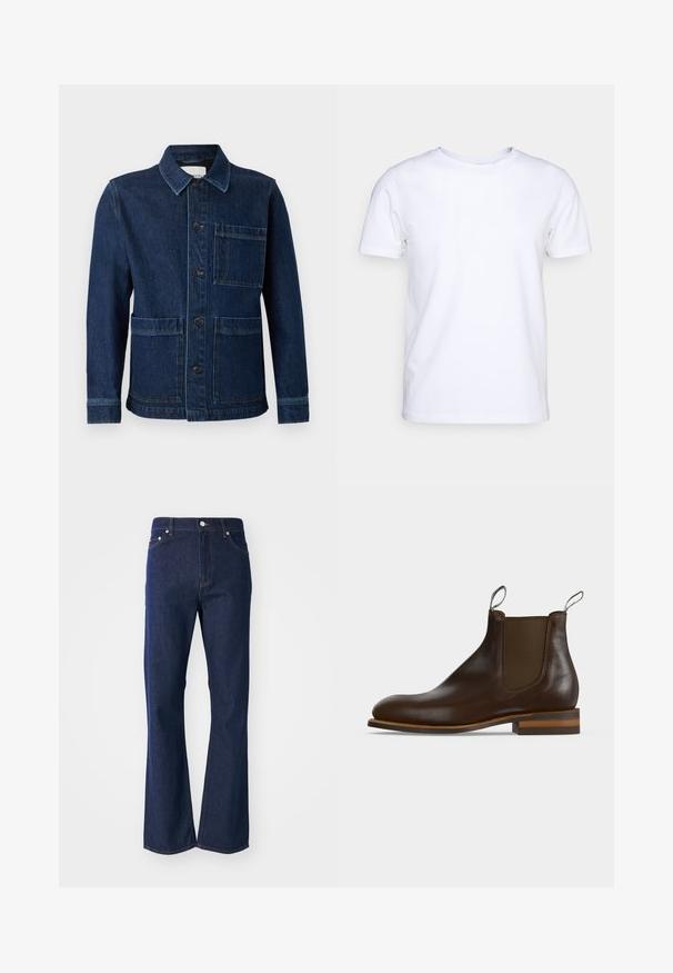 CLOSED ATELIER JACKET - Denimová bunda - mid blue; Biela kratkosrstá bavlnená tričko s okrúhlym výstrihom. Jednoduchý dizajn bez vzorov alebo akcentov. Hladká textúra.; Zúžené tmavomodré džíny vyrobené z denimu. Má päť vreciek, predný zips a kovový gombík na zapínanie. Klasické švy ako doplnok.; Tmavohnedá kožená Chelsea čižma s elastickým bočným panelom, sťahovacími pútkami vpredu aj vzadu, nízkym stohovaným podpätkom a zaoblenou špičkou.