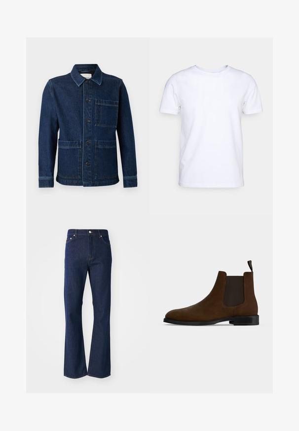 CLOSED ATELIER JACKET - Denimová bunda - mid blue; Biela kratkosrstá bavlnená tričko s okrúhlym výstrihom. Jednoduchý dizajn bez vzorov alebo akcentov. Hladká textúra.; Zúžené tmavomodré džíny vyrobené z denimu. Má päť vreciek, predný zips a kovový gombík na zapínanie. Klasické švy ako doplnok.; Hnedá semišová Chelsea čižma s čiernymi elastickými bočnými panelmi, čiernou gumovou podrážkou a pútkom vzadu na jednoduchom bielom pozadí.
