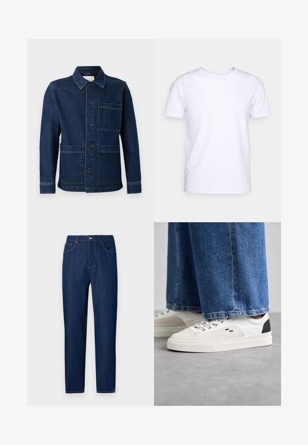 CLOSED ATELIER JACKET - Denimová bunda - mid blue; Biela kratkosrstá bavlnená tričko s okrúhlym výstrihom. Jednoduchý dizajn bez vzorov alebo akcentov. Hladká textúra.; Les Benjamins Džínsy s rovným strihom - rinse wash; Biele a čierne tenisky s hladkým koženým zvrškom, štruktúrovanými akcentmi a masívnou bielou podrážkou. Obsahujú klasický dizajn so šnurovaním.