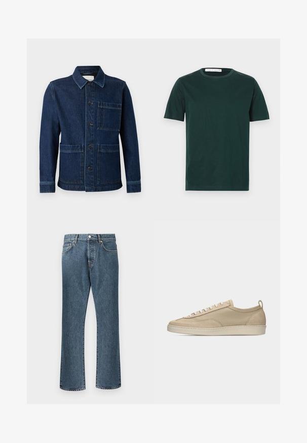 CLOSED ATELIER JACKET - Jeansjacke - mid blue; Dunkelgrünes kurzärmliges T-Shirt aus Baumwolle; verfügt über einen runden Ausschnitt und ein schlichtes Design ohne sichtbare Muster oder Grafiken.; Blaue Denim-Jeans mit geradem Bein, ausgestattet mit einem klassischen Knopf- und Reißverschluss, fünf Taschen und dezenten Ausbleichungen.; Beiger Sneaker mit niedriger Schafthöhe, Obermaterial aus Stoff und Wildleder, weißen Schnürsenkeln, Gummisohle und Fersenlasche, seitlich auf weißem Hintergrund dargestellt.