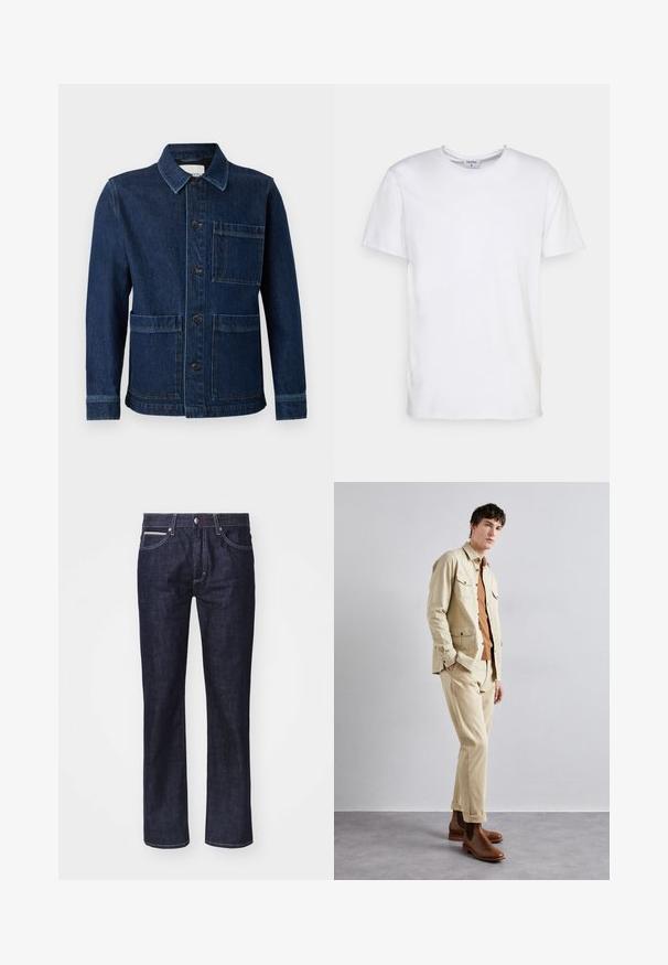 CLOSED ATELIER JACKET - Denimová bunda - mid blue; Biely krátky rukáv tričko vyrobené z bavlny. Má okrúhly výstrih a voľný strih bez viditeľných vzorov alebo akcentov.; Tmavomodré džínsy so rovný strihom, jemným kontrastným šitím, piatimi vreckami a zapínaním na gombík v páse.; Béžová bavlnená bunda s dvoma náprsnými vreckami nosená nad hnedou košeľou a zodpovedajúcimi béžovými nohavicami. Hnedé kožené členkové čižmy dopĺňajú celý outfit.