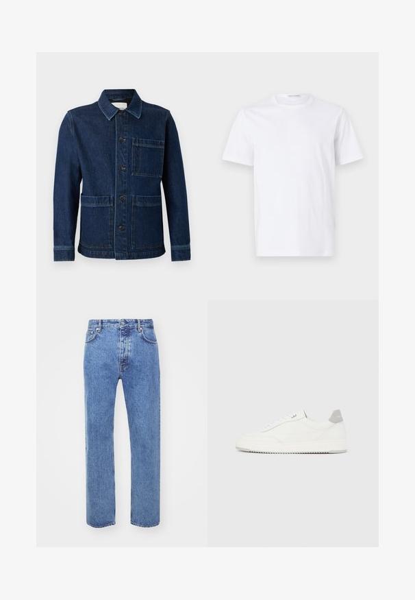 CLOSED ATELIER JACKET - Denimová bunda - mid blue; Biely bavlnený tričko s okrúhlym výstrihom a krátkymi rukávmi. Hladká textúra, rovný strih a minimalistický dizajn bez vzorov alebo akcentov.; Won Hundred STEVE - Džínsy voľného strihu - cut blue; Biela nízka teniska so sivým pätovým pásikom, bielymi šnúrkami a členitou podrážkou, zobrazená na jednoduchom svetlom pozadí.