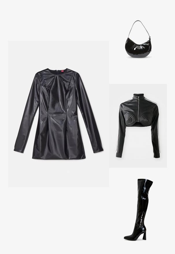 Schwarze, kürzere Jacke aus Kunstleder, mit spiralförmigen gepolsterten Akzenten auf der Brust, durchgehendem Reißverschluss und weißen Seitenstreifen an den Ärmeln.; 032c TRAPEZE TOO TIGHT MINI DRESS - Cocktailkleid/festliches Kleid - black luster; Schwarze Overknee-Stiefel aus lackiertem Leder mit spitz zulaufender Zehenpartie, quadratischem Blockabsatz und glatter, glänzender Oberfläche. Ohne sichtbare Beschläge.; Schwarze Handtasche aus lackiertem Leder mit gewölbter Form, einem einzelnen Schulterriemen, Reißverschluss und einem dekorativen Metalllogo. Glatte Oberfläche.