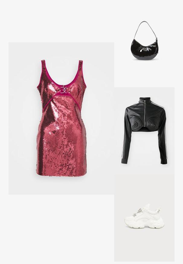 Chaqueta negra corta de cuero sintético, con detalles acolchados en forma de espiral en el busto, cierre frontal con cremallera y franjas blancas en los laterales de las mangas.; Vestido de lentejuelas en rosa brillante con un diseño ajustado. Presenta un escote pronunciado, tirantes anchos y un acento decorativo de hardware en la parte delantera.; Zapatilla blanca gruesa con suela gruesa texturizada, estrella plateada y decoraciones de mariposa en los cordones blancos, y tachuelas plateadas en la lengüeta del talón.; Bolso de mano de charol negro con forma curva, correa para el hombro única, cierre de cremallera y un logotipo metálico decorativo. Textura suave.