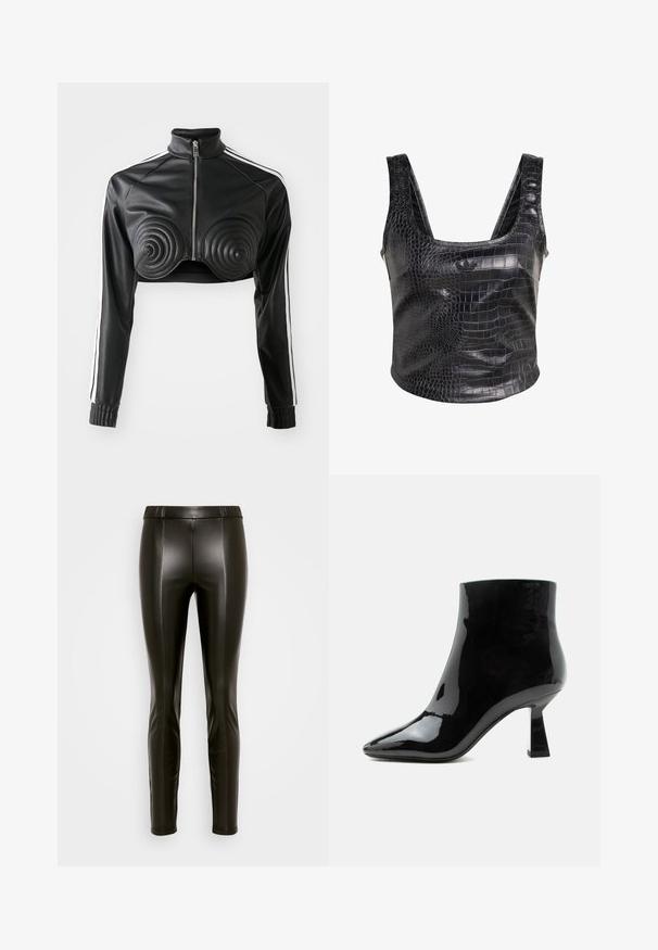 Chaqueta negra corta de cuero sintético, con detalles acolchados en forma de espiral en el busto, cierre frontal con cremallera y franjas blancas en los laterales de las mangas.; Top de cuero sintético negro con textura de cocodrilo, diseño sin mangas y escote redondeado con una sutil marca en la parte delantera.; Leggings de cuero sintético negros con una cintura elástica alta, ajuste ceñido y sutiles detalles de costura que recorren la parte delantera y trasera.; Botín negro de charol brillante con punta puntiaguda y tacón medio acampanado sobre fondo blanco.