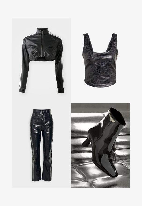 Schwarze, kürzere Jacke aus Kunstleder, mit spiralförmigen gepolsterten Akzenten auf der Brust, durchgehendem Reißverschluss und weißen Seitenstreifen an den Ärmeln.; Schwarzes Oberteil aus Kunstleder mit Krokodil-Prägung, ärmellosem Design und rundem Ausschnitt, vorne dezentes Branding.; Abercrombie & Fitch CLASSIC PATENT 90S STRAIGHT - Stoffhose - approved black; Schwarze Lackleder- ankle boots mit spitzem Zehen und quadratischem Absatz. Mit einem goldenen Logo-Platte und glatter, glänzender Oberfläche.