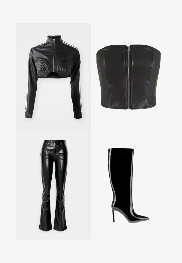 Veste cropped noire en simili cuir, avec des accents rembourrés en forme de spirale sur la poitrine, fermeture éclair à l'avant et bandes blanches sur les manches.; Top en corset en cuir noir avec une coupe structurée. Comprend une fermeture éclair centrale en argent et des coutures le long du buste. Texture lisse.; Gap Tall STRAIGHT PATENT - Pantalon classique - true black; Botte noire en cuir verni montant jusqu'au genou, avec un bout pointu et un talon aiguille, finition élégante et brillante.