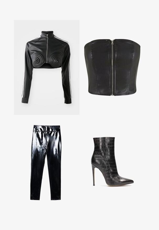 Schwarze, kürzere Jacke aus Kunstleder, mit spiralförmigen gepolsterten Akzenten auf der Brust, durchgehendem Reißverschluss und weißen Seitenstreifen an den Ärmeln.; Schwarzes Leder-Corsage-Oberteil mit strukturierter Passform. Verfügt über einen zentralen silbernen Reißverschluss und Nahtdetails entlang des Oberteils. Schmeichelnde Textur.; Schwarze, hochglänzende Leggings mit glatter, glänzender Oberfläche. Elastischer Bund und figurbetontes Design mit schmal zulaufendem Bein.; Schwarze Lederstiefeletten mit Krokodillederstruktur, spitzer Zehenform und hohem Stiletto-Absatz, mit glänzender Oberfläche.