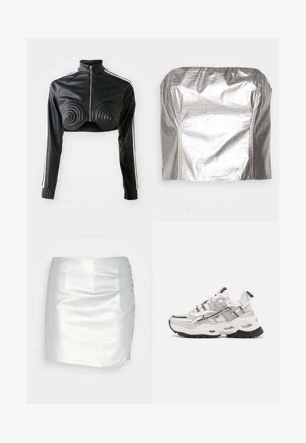 Schwarze, kürzere Jacke aus Kunstleder, mit spiralförmigen gepolsterten Akzenten auf der Brust, durchgehendem Reißverschluss und weißen Seitenstreifen an den Ärmeln.; Gina Tricot TUBE - Top - silver-coloured; Even&Odd by Zalando Shorts - silver; Weißer und grauer Sportschuh aus Mesh und synthetischen Materialien, dicke Sohle, auffälliges schwarzes Profil und Schnürdesign mit Akzenten.