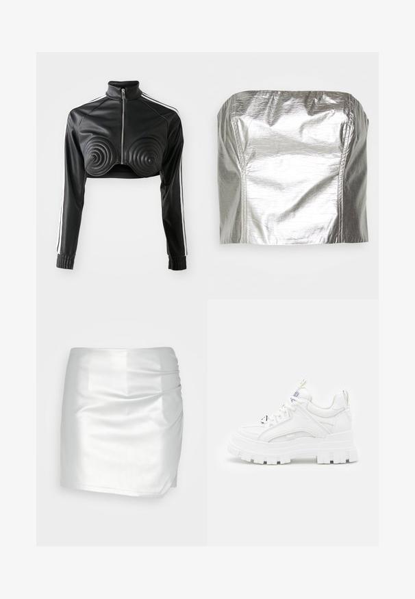 Chaqueta negra corta de cuero sintético, con detalles acolchados en forma de espiral en el busto, cierre frontal con cremallera y franjas blancas en los laterales de las mangas.; Gina Tricot TUBE - Top - silver-coloured; Even&Odd Shorts - silver; Zapatillas deportivas blancas y gruesas con un revestimiento texturizado, cuello acolchado y suela gruesa y estriada. Presentan cordones negros en contraste y un detalle de marca.