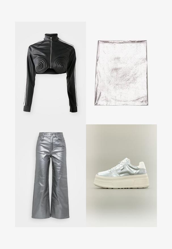 Chaqueta negra corta de cuero sintético, con detalles acolchados en forma de espiral en el busto, cierre frontal con cremallera y franjas blancas en los laterales de las mangas.; Tejido metálico plateado con una textura suave y un ligero brillo. Forma rectangular, bordes bien cosidos, sin patrones o acentos prominentes.; Pantalones plateados de pernera ancha hechos de un tejido metálico y brillante con una textura suave. Presenta dos bolsillos delanteros y un cierre de botón en la cintura.; Zapatilla de plataforma gruesa con parte superior metálica plateada, cordones blancos y suela gruesa texturizada de color crema, mostrada en perfil lateral sobre un fondo neutro.
