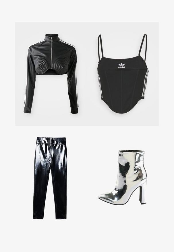 Schwarze, kürzere Jacke aus Kunstleder, mit spiralförmigen gepolsterten Akzenten auf der Brust, durchgehendem Reißverschluss und weißen Seitenstreifen an den Ärmeln.; Schwarzes, geripptes Crop Top mit verstellbaren dünnen Trägern, das drei weiße Streifen an den Seiten und ein kleines weißes Adidas-Logo in der Mitte aufweist.; Schwarze, hochglänzende Leggings mit glatter, glänzender Oberfläche. Elastischer Bund und figurbetontes Design mit schmal zulaufendem Bein.; Silberne Lackleder-Ankle Boots mit einer spitzen Spitze, dickem hohen Absatz und einem seitlichen Reißverschluss, der eine glatte, glänzende Textur aufweist.