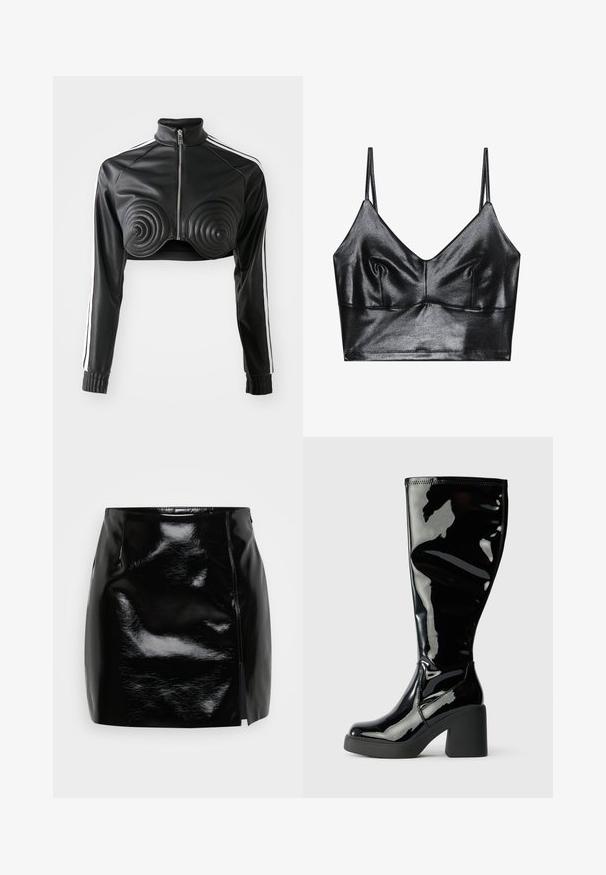 Schwarze, kürzere Jacke aus Kunstleder, mit spiralförmigen gepolsterten Akzenten auf der Brust, durchgehendem Reißverschluss und weißen Seitenstreifen an den Ärmeln.; Schwarzer, glänzender Bralette mit dünnen verstellbaren Trägern, V-Ausschnitt, glatter Textur und dezentem Gather an der Brust für eine schöne Form.; Schwarzer Minirock aus glänzendem Material. Verfügt über einen seitlichen Reißverschluss und einen Schlitz auf der rechten Seite für zusätzlichen Detail- und Designanspruch. Glatte Textur.; Knöchelhohe schwarze Lacklederstiefel mit glatter, glänzender Oberfläche, quadratischen Zehen und breiten schwarzen Absätzen. Nahtdetails an der Seite.
