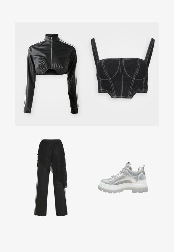 Veste cropped noire en simili cuir, avec des accents rembourrés en forme de spirale sur la poitrine, fermeture éclair à l'avant et bandes blanches sur les manches.; Top court en denim noir avec bretelles fines, présentant des coutures blanches, un buste structuré et des coutures courbées. Texture lisse et design ajusté.; Pantalon noir à jambes larges avec bandes blanches sur les côtés et un empiècement en dentelle noire asymétrique drapé sur le côté gauche.; Baskets à semelle épaisse argentées avec panneaux en mesh, col matelassé, fermeture à lacets et languette au talon, vues de profil.