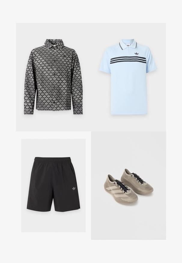 Zwart-grijs jack met knopen, met een geometrisch bladpatroon en lange mouwen, getoond op een effen witte achtergrond.; Lichtblauw poloshirt gemaakt van een textuurstof met zwarte accentstrepen en een zwart logo op de borst. Voorzien van een kraag.; Zwarte sportshorts met elastische taille, zijzakken en een klein Adidas-logo op het linkerbeen.; Een paar beige sportschoenen met zwarte veters, met een gestructureerd, gestreept patroon en drie zijstrepen op een effen achtergrond.