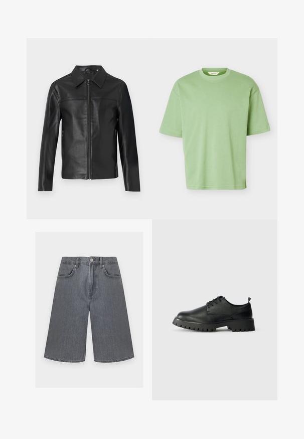 Veste en cuir noir avec des manches longues, fermeture éclair à l'avant et col pointu, présentée sur un fond blanc.; T-shirt uni vert clair à manches courtes et col rond, avec une coupe régulière et une texture de tissu douce, présenté sur fond blanc.; Shorts en denim gris taille haute à jambes larges, avec bouton, fermeture éclair et deux poches avant sur fond uni.; Chaussures en cuir noir à lacets avec un bout arrondi, surface texturée et semelle en caoutchouc épaisse dotée de profondes rainures pour une meilleure adhérence.