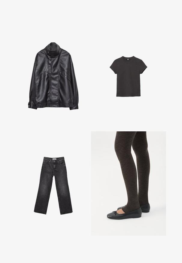 Zwarte leren jas met hoge kraag en drukknoop, ritszakken aan de zijkanten en gedetailleerde stiksels op de voorkant en mouwen.; Houtskoolgrijs, kortärmelig, katoenen t-shirt met ronde hals en een rechte zoom, plat neergelegd op een witte achtergrond.; Zwarte denim jeans met wijde pijpen, voor- en achterzakken, knoopsluiting en riemlussen, plat gelegd op een witte achtergrond.; Benen met donkere geribbelde leggings gecombineerd met zwarte ballerina's met kleine strikdetails op een witte achtergrond.