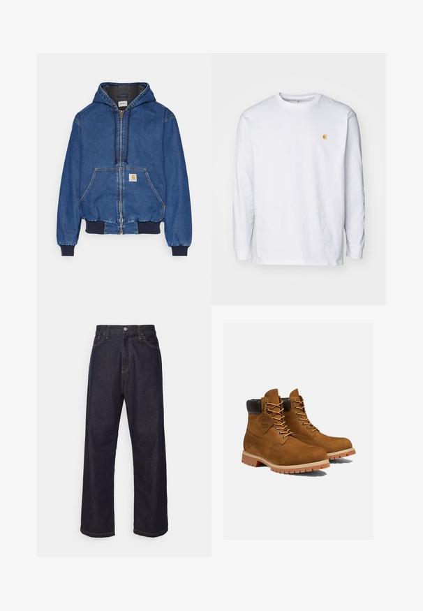 Carhartt WIP ACTIVE JACKET - Τζιν μπουφάν - blue stone washed; Λευκό μακρυμάνικο μπλουζάκι από βαμβάκι. Διαθέτει ένα μικρό χρυσό λογότυπο στο στήθος και στρογγυλή λαιμόκοψη. Απλός σχεδιασμός και κανονική εφαρμογή.; Σκούρο μπλε τζιν παντελόνι ίσιας γραμμής με κίτρινες ραφές, εμπρός κουμπί, φερμουάρ και πέντε τσέπες.; Καφέ σουέτ μποτάκια μέχρι τον αστράγαλο με επενδυμένο μαύρο κολάρο, χρυσές οπές και χοντρή καουτσούκ σόλα με σχέδιο λογότυπου για πρόσφυση.