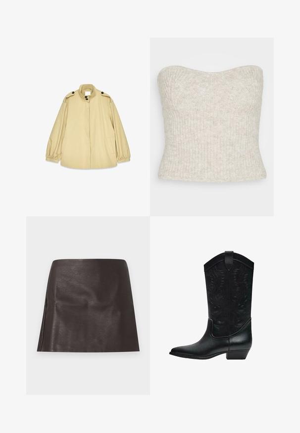 Beige losvallende jas van lichtgewicht materiaal, met een hoge kraag, grote knopen en elastische manchetten met zijzakken.; Gina Tricot ASHLEY - Top - beige; Korte donkerbruine nepleren minirok met een rechte pasvorm en subtiele plooien, weergegeven op een effen witte achtergrond.; Zwarte leren cowboylaars met decoratieve stiksels, puntige neus, hak van gemiddelde hoogte en treklus op de bovenste schacht.