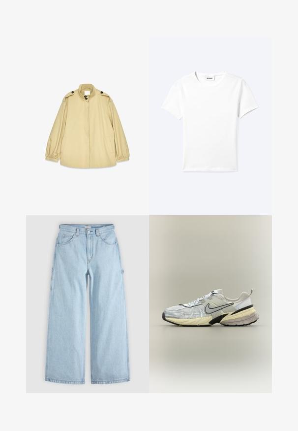 Chaqueta suelta de color beige, hecha de un material ligero, con un alto cuello, grandes botones y puños elásticos, además de bolsillos laterales.; Camiseta blanca lisa de manga corta con cuello redondo y una pequeña etiqueta "WEEKDAY" dentro del cuello, mostrada extendida sobre un fondo claro.; Vaqueros de mezclilla azul claro de pierna ancha con bolsillos delanteros, trabillas para cinturón y anillas laterales para herramientas, extendidos sobre un fondo gris.; Zapatilla Nike blanca y gris con parte superior de malla, logo swoosh negro, entresuela beige y suela negra sobre un fondo claro.