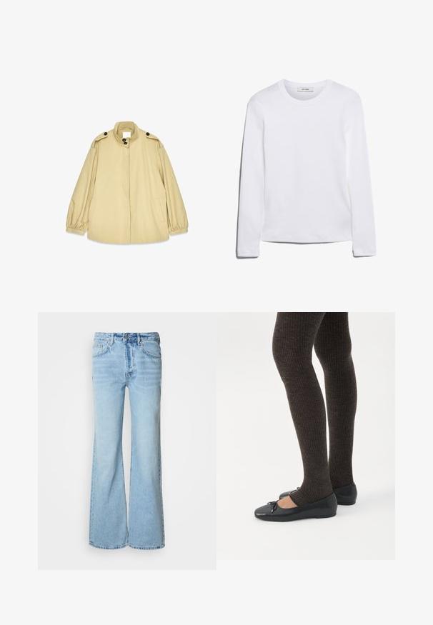 Beige losvallende jas van lichtgewicht materiaal, met een hoge kraag, grote knopen en elastische manchetten met zijzakken.; Wit T-shirt met lange mouwen, gemaakt van ribgebreide katoen, met een ronde halslijn en een rechte zoom. Eenvoudig ontwerp zonder patronen of accenten.; Lichtblauwe spijkerbroek met uitlopende pijpen, gemaakt van denim, voorzien van een knoopsluiting aan de voorkant, vijf zakken en subtiele vervaging.; Benen met donkere geribbelde leggings gecombineerd met zwarte ballerina's met kleine strikdetails op een witte achtergrond.