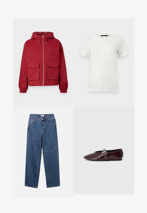 Rote Kapuzenjacke mit Frontreißverschluss, zwei großen Frontklappentaschen, elastischen Bündchen und Kordelzügen an der Kapuze.; Schlichtes weißes T-Shirt mit kurzen Ärmeln und Rundhalsausschnitt, mit geradem Saum, flach auf hellem Hintergrund dargestellt.; Klassische blaue Denim-Jeans mit geradem Bein, fünf Taschen und Knopfverschluss. Sie verfügen über eine mittelblau gewaschene Optik und sind aus robuster Textur.; Burgunderfarbene Leder-Ballettschuhe mit spitzem Schuhkopf, flacher Sohle und einem dekorativen Schnallenriemen quer über dem Spann. Glatte, glänzende Textur.