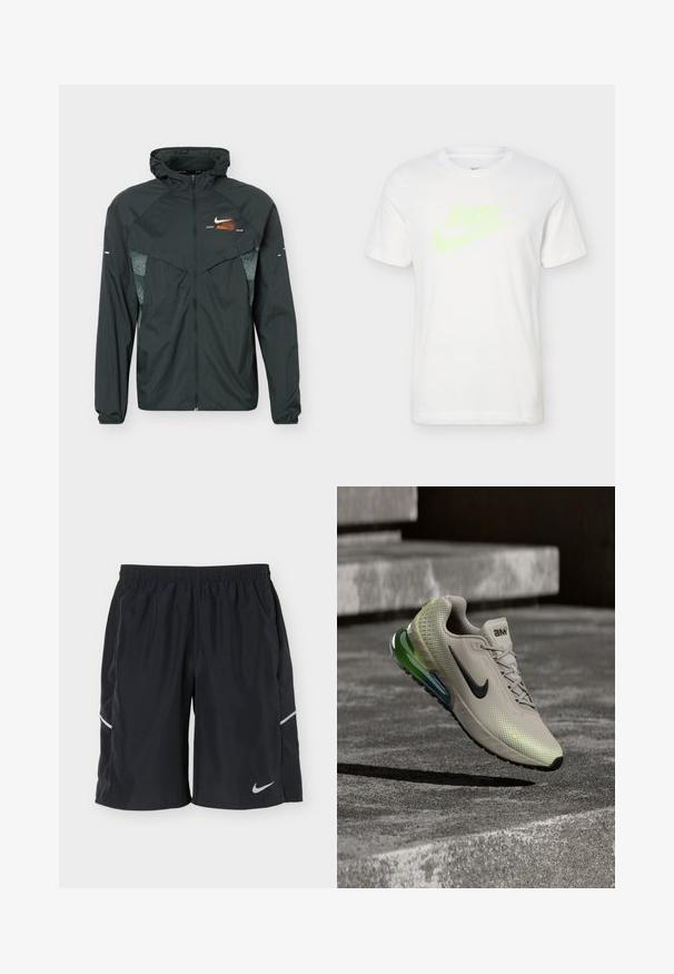 Veste légère noire à capuche avec fermeture éclair complète sur le devant, panneaux latéraux réfléchissants à motifs et petit logo Nike orange et blanc sur la poitrine.; T-shirt Nike blanc à manches courtes avec texte "RUN" en jaune néon et logo swoosh sur le devant, col rond, fond uni.; Shorts de sport noirs avec taille élastique et logo Nike réfléchissant sur la partie inférieure de la jambe gauche, sur fond uni.; Chaussure de sport beige avec tige texturée, swoosh noir, accents couleur citron vert, et unité d’amorti visible en vert et bleu.
