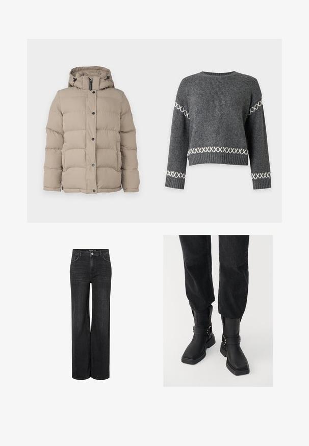 Beige puffer jope kapuutsiga, millel on tikanditud disain, nööbid ja reguleeritavad paelad kaeluses.; Tumehall triibuline kampsun valgete ristpistemustritega varrukaes ja vöökoha juures, ümara kaelusega ning soonikkoes varrukaservade ja äärega.; Laiad mustad denim püksid klassikalise viie tasku disainiga, ees nupukinnitus ja peene õmbluse detailid.; Mustas nahast pahkluu saapad ruudukujulise varbaga, laia rihma ja metallist luku detailiga. Saapad on tummise tallaga ja siledast tekstuurist.